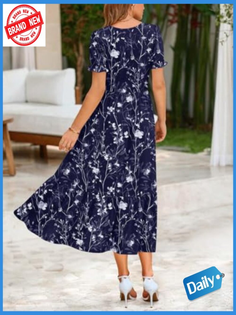 Flowy Midi Dress with Pockets Short Sleeve Square Neck Tiered Swing Dress - Picture 6 of 7